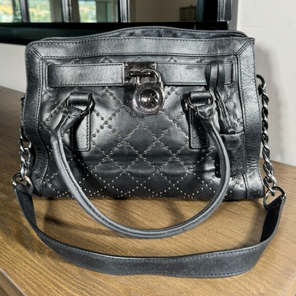 Michael Kors Hamilton Micro Stud Quilted Satchel β Black Leather Luxe! - Picture 2 of 16
